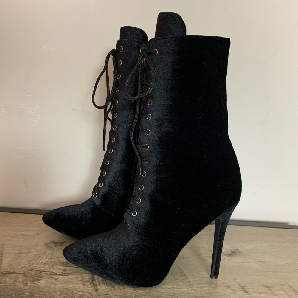 PUBLIC DESIRE Black VELVET Stiletto SPIKE Heel DOMINATRIX Lace Up POINTY BOOTS 7 - Picture 4 of 6
